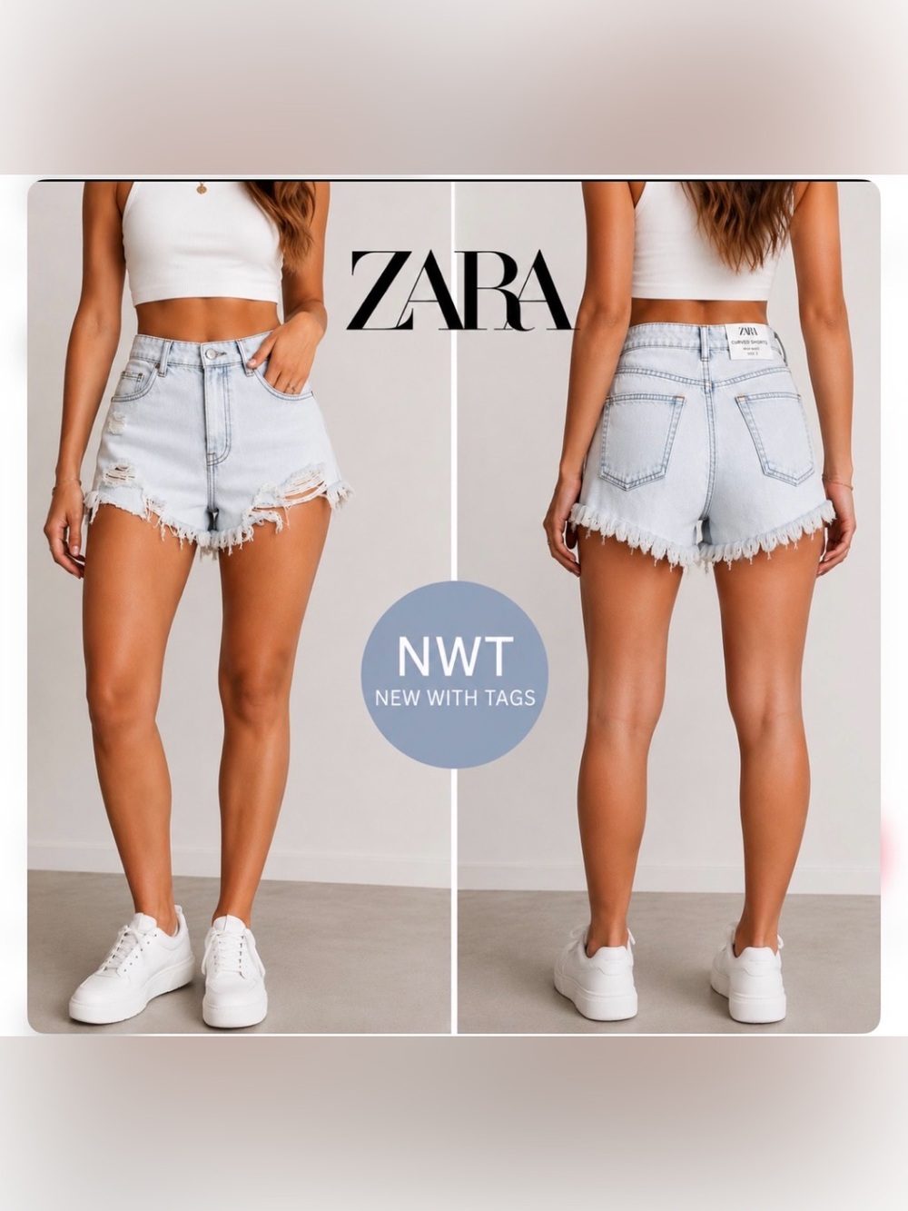 Zara High Rise Curved Denim Shorts Size 2 Light Wash Distressed Frayed Hem NWT